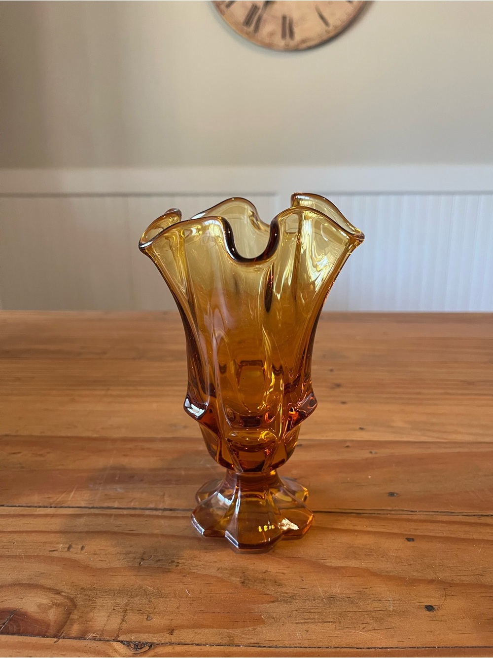 Vintage Amber Ruffle Edge Glass Vase on Pedestal